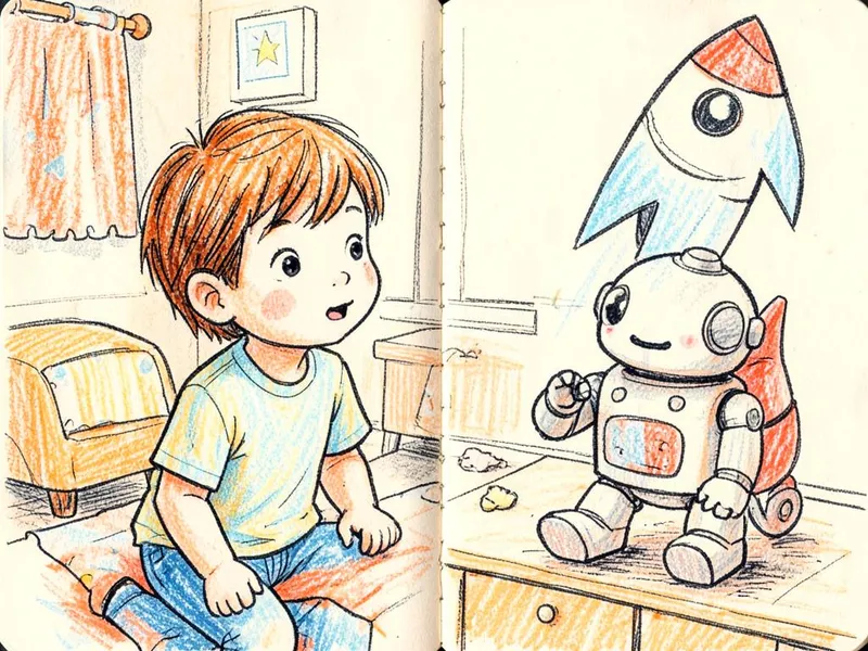 Kinderspiel ab 3 Jahren: Ein dreijähriges Kind spricht mit Robi, daneben entsteht eine Rakete.