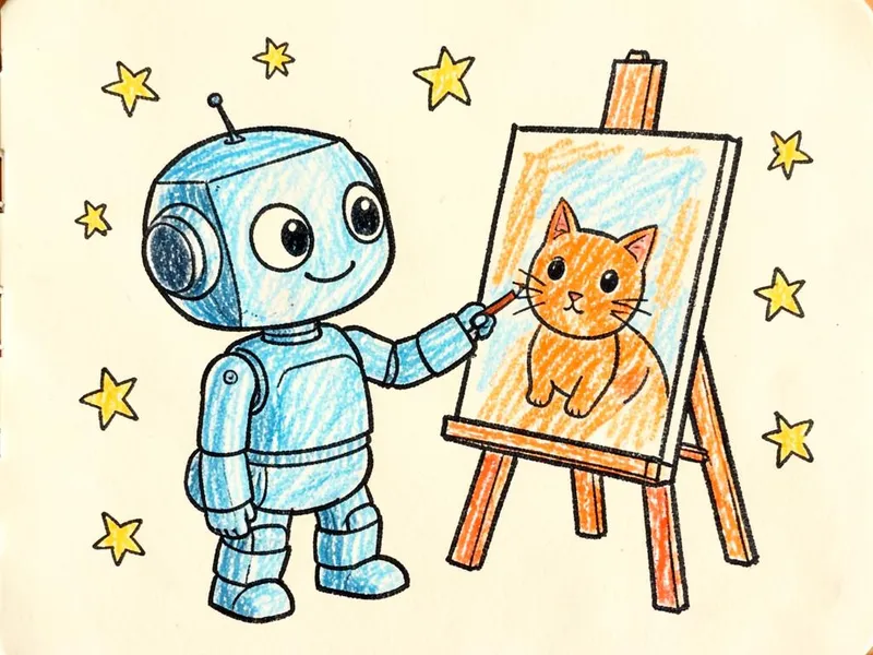 Kinderspiele ab 3: Robi malt eine orange Katze auf eine Staffelei im Skizzenbuch-Stil.