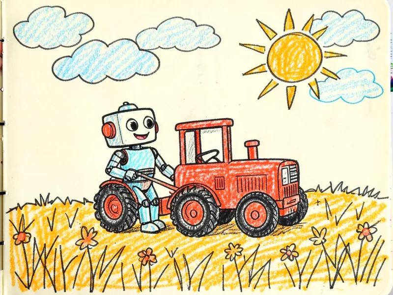 Kinderspiele ab 3 Jahren: Robi malt einen roten Traktor auf einer Wiese mit Sonne und Wolken.